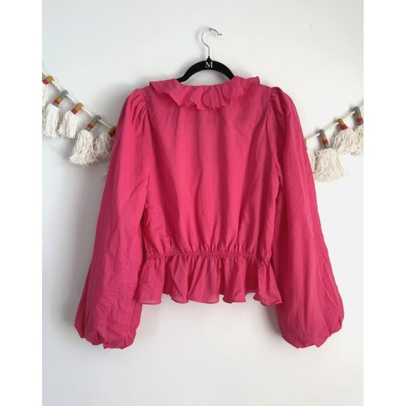 Evereve Pink Surplice Ruffle Balloon Sleeve Top Coquette Fairy Whimsical S - Picture 2 of 7